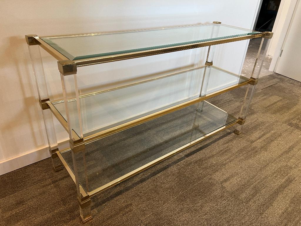 Pierre Vandel Paris vintage drie lagen etagère tafel, Ophalen, Gebruikt, Hollywood regency, Glas