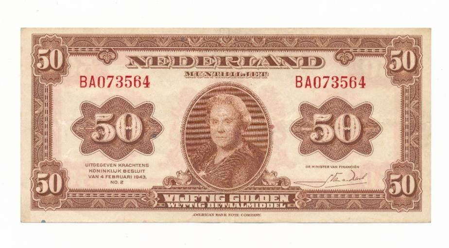 Nederland 50 gulden 1943 Wilhelmina, Ophalen of Verzenden, 50 gulden, Los biljet