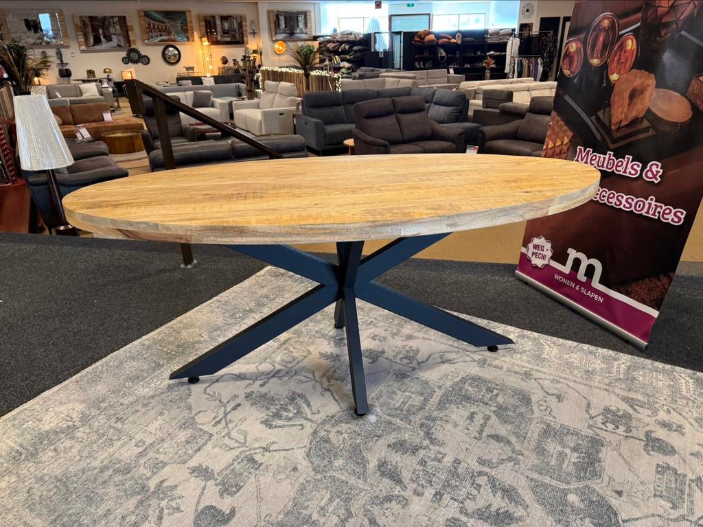 Eettafel ovaal 180cm. met spinpoot Direct/leverbaar E-7061, Overige houtsoorten, Nieuw, 150 tot 200 cm, Meubelmarkt@home.nl