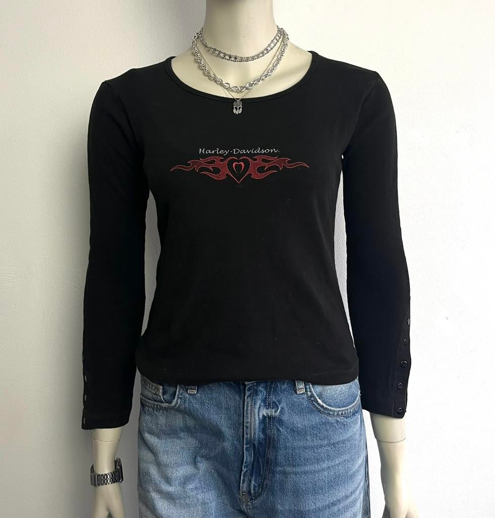 Vintage 2002 Harley Davidson longsleeve, Zwart, Ophalen of Verzenden, Lange mouw, Maat 36 (S)