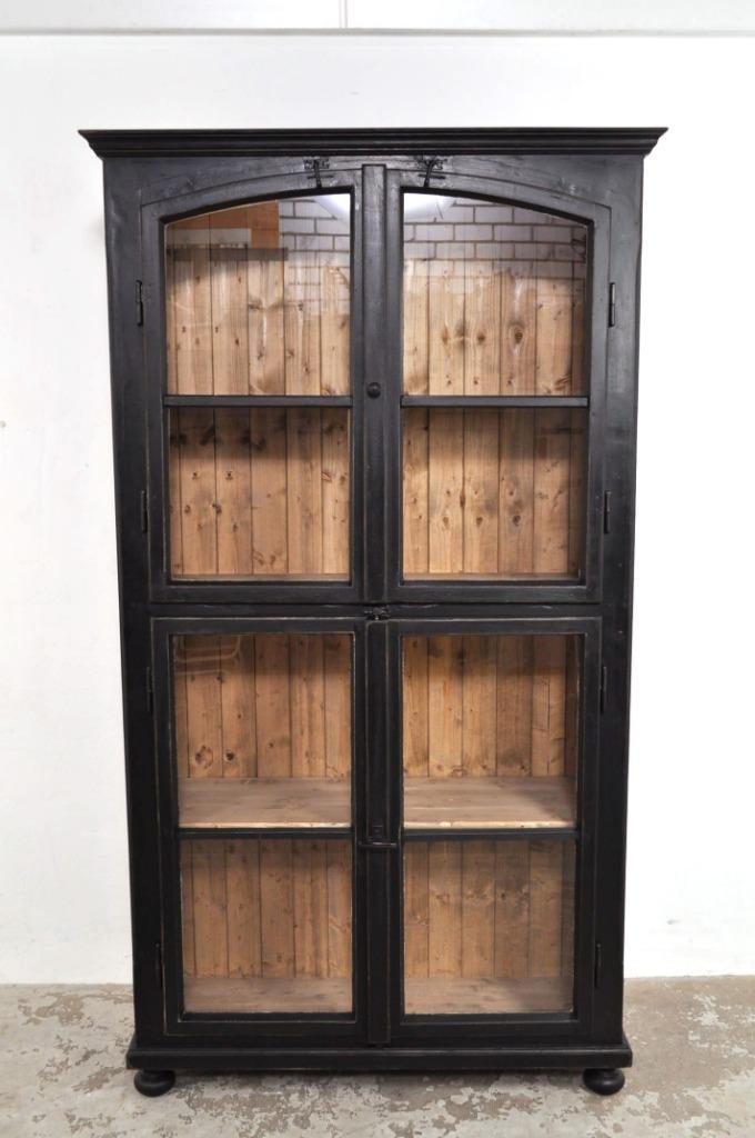 Vintage vitrinekast servieskast boekenkast kast zwart grenen, Gebruikt, Ophalen of Verzenden, Glas, 150 tot 200 cm