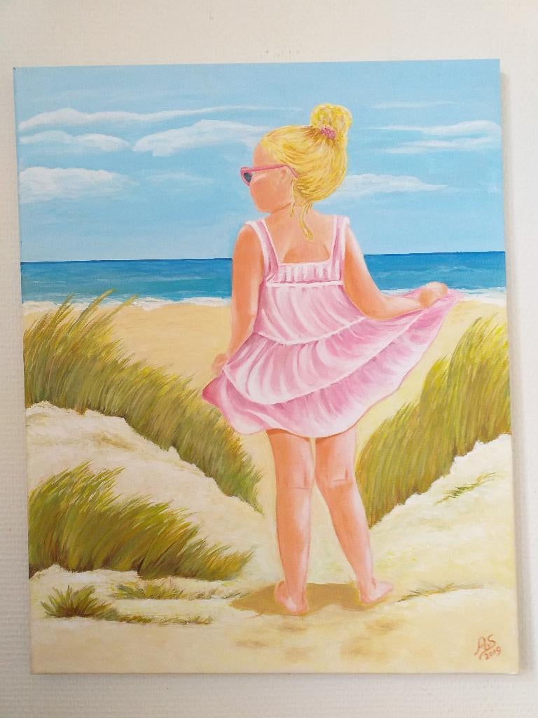Acryl schilderij: meisje in de duinen, Antiek en Kunst, Ophalen