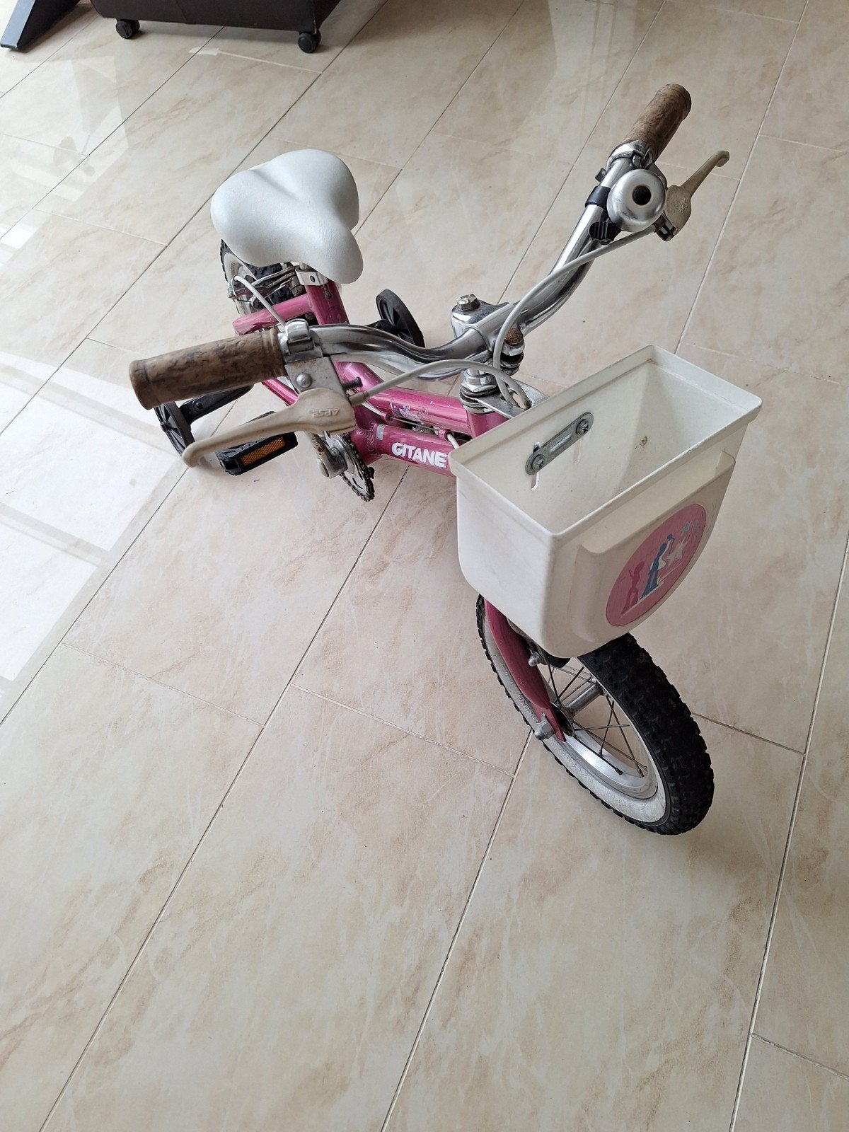 Roze kinderfiets Gitane met zijwieltjes en mandje, Ophalen, Zijwieltjes, Gebruikt, Velgrem