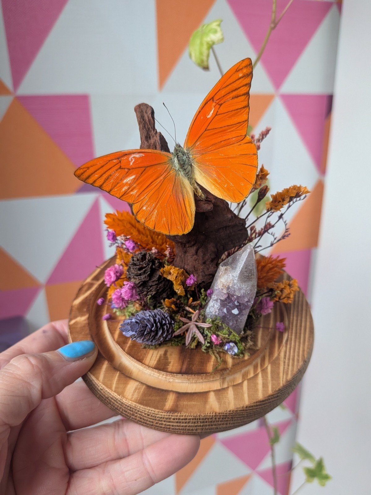 Opgezette vlinder in stolp met amethist en bloemen, Ophalen of Verzenden, Nieuw, Insect, Opgezet dier