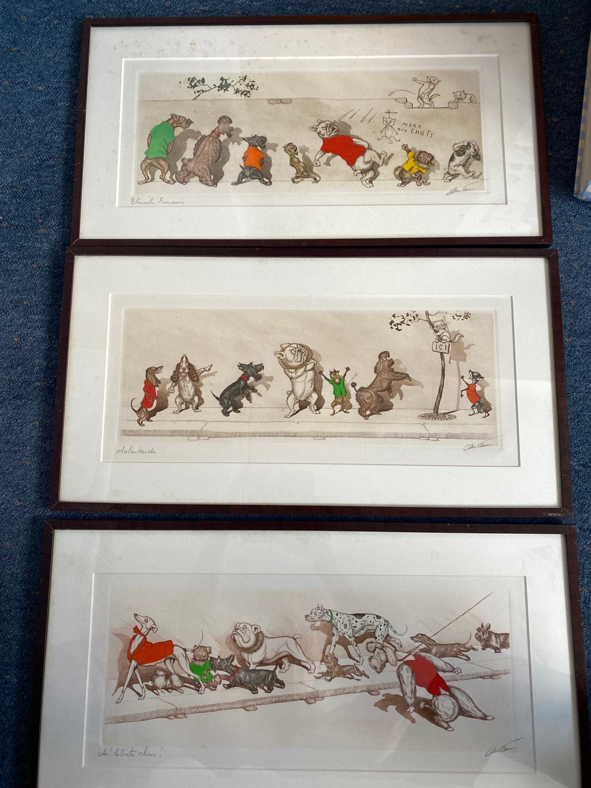 Drie prentjes 48x20 met honden in houten lijstjes van 60x32, Antiek en Kunst, Flora en Fauna, Zeefdruk, 32 cm, Gesigneerd