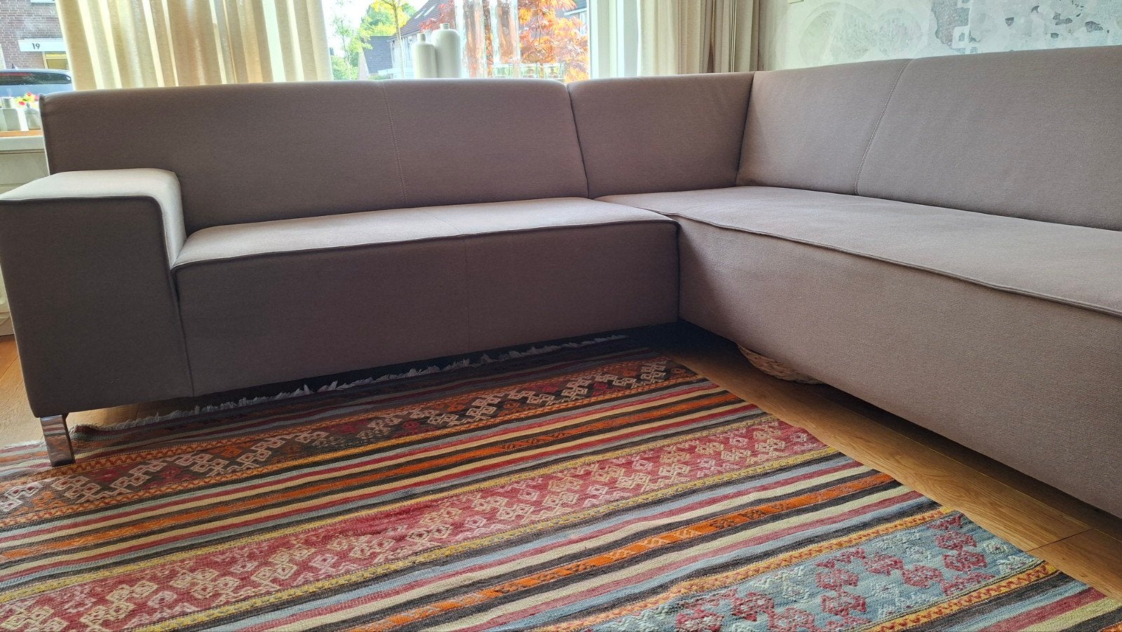 hoekbank bankstel bank met hocker bruin taupe, Ophalen, Gebruikt, Hoekbank, 150 cm of meer