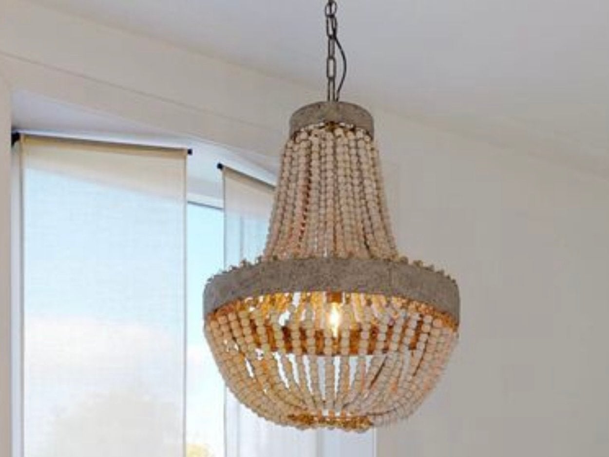 Kralenlamp, grote lamp met houten kralen, Ophalen, Zo goed als nieuw, Hout