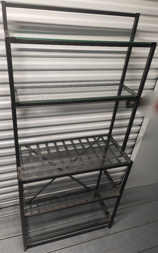 Glazen stellingkast met donkergrijs metalen frame, Huis en Inrichting, Kasten | Stellingkasten, Ophalen, Zo goed als nieuw