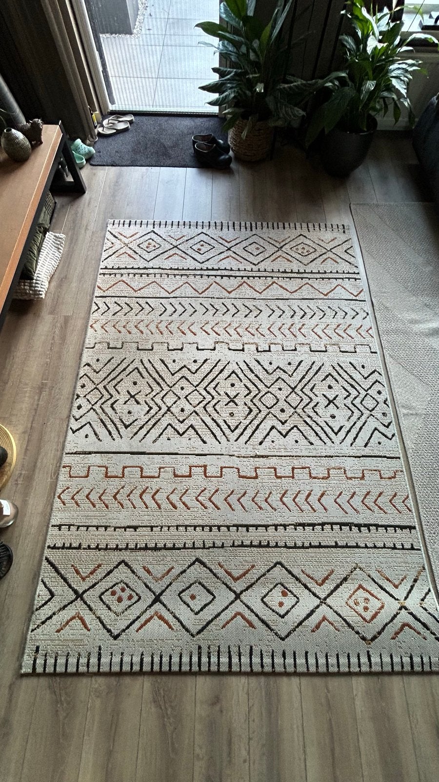 Boho Vloerkleed met Etnische Print - Wit, Zwart, Oranje, Ophalen, Wit, 150 tot 200 cm, 200 cm of meer