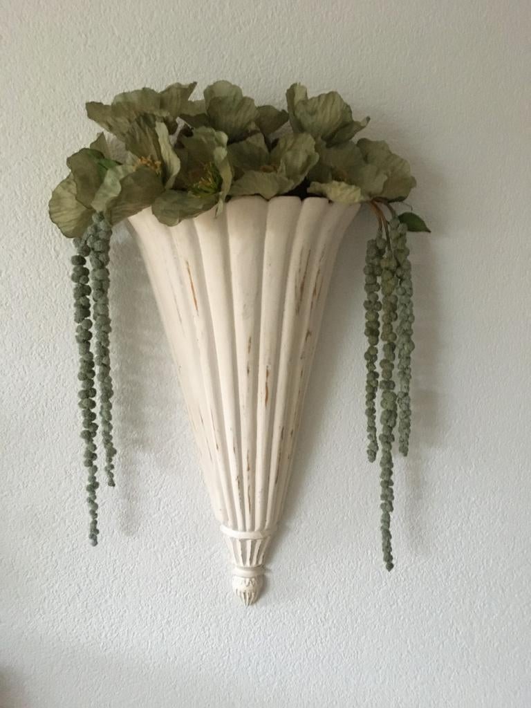 Houten bloempot met kunstbloemen - Wanddecoratie, Groen, Ophalen of Verzenden, Zo goed als nieuw, Bloemstuk