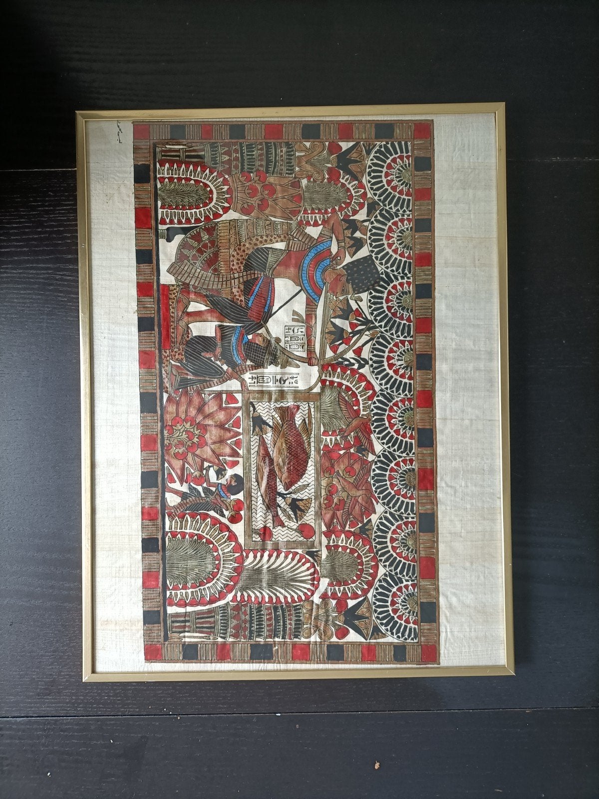 Ingelijst Egyptisch Papyrus Schilderij - Jachtscène, Ophalen of Verzenden