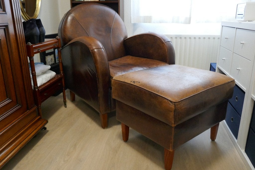 Schapeleren fauteuil met voetenbank, Gebruikt, 75 tot 100 cm, Ophalen, Engels klassiek