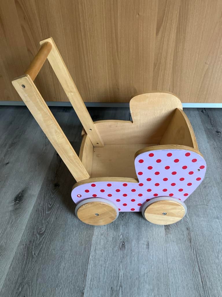 Houten poppenwagen met stippen, Kinderen en Baby's, Speelgoed | Poppen, Gebruikt, Overige typen, Ophalen