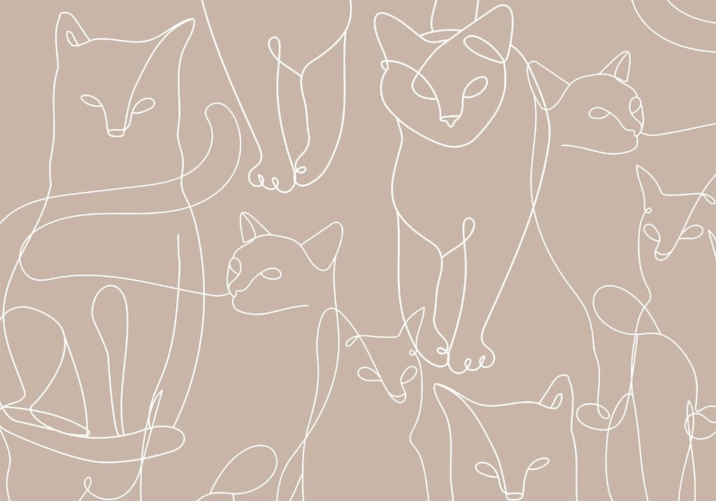 Katten behang Cat Line Art - Beige, poezen behang, Muurdeco, Verzenden, Fotobehang, Beige