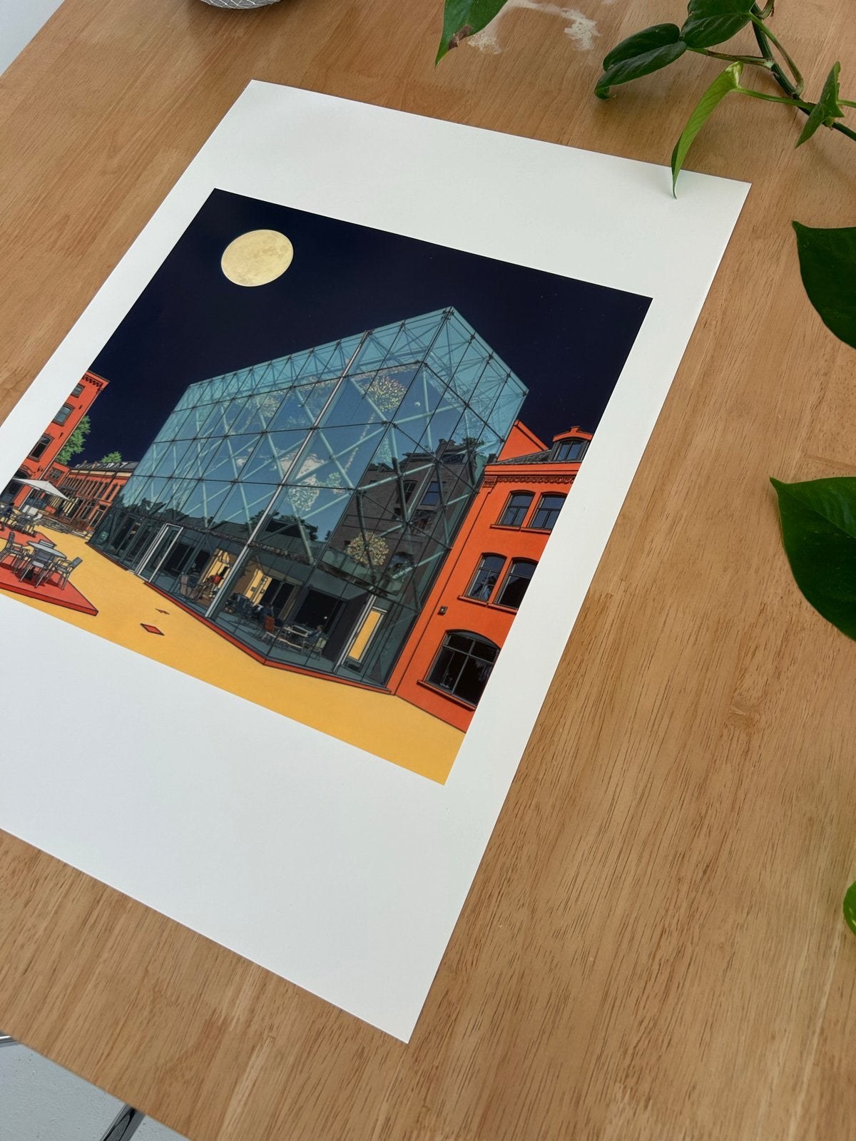 Kunstposter A2 | Glazen Paviljoen bij Nacht, Ophalen of Verzenden, Poster, Gemengde techniek, Origineel