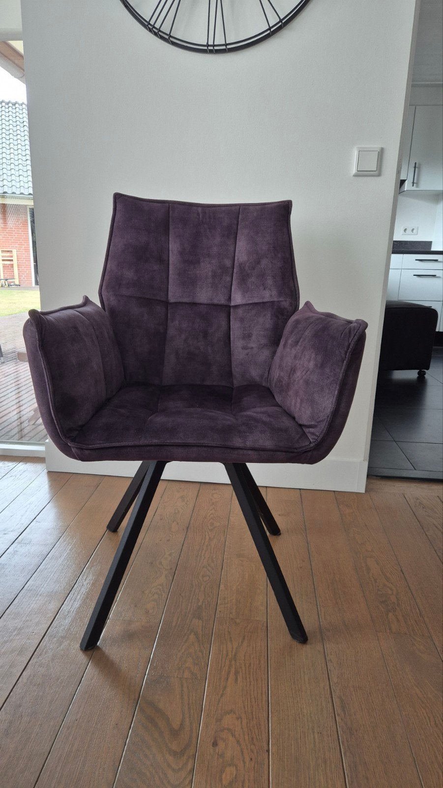 4 Moderne paarse eetkamerstoel met armleuningen, Huis en Inrichting, Stoelen, Ophalen, Overige kleuren, Zo goed als nieuw, Stof