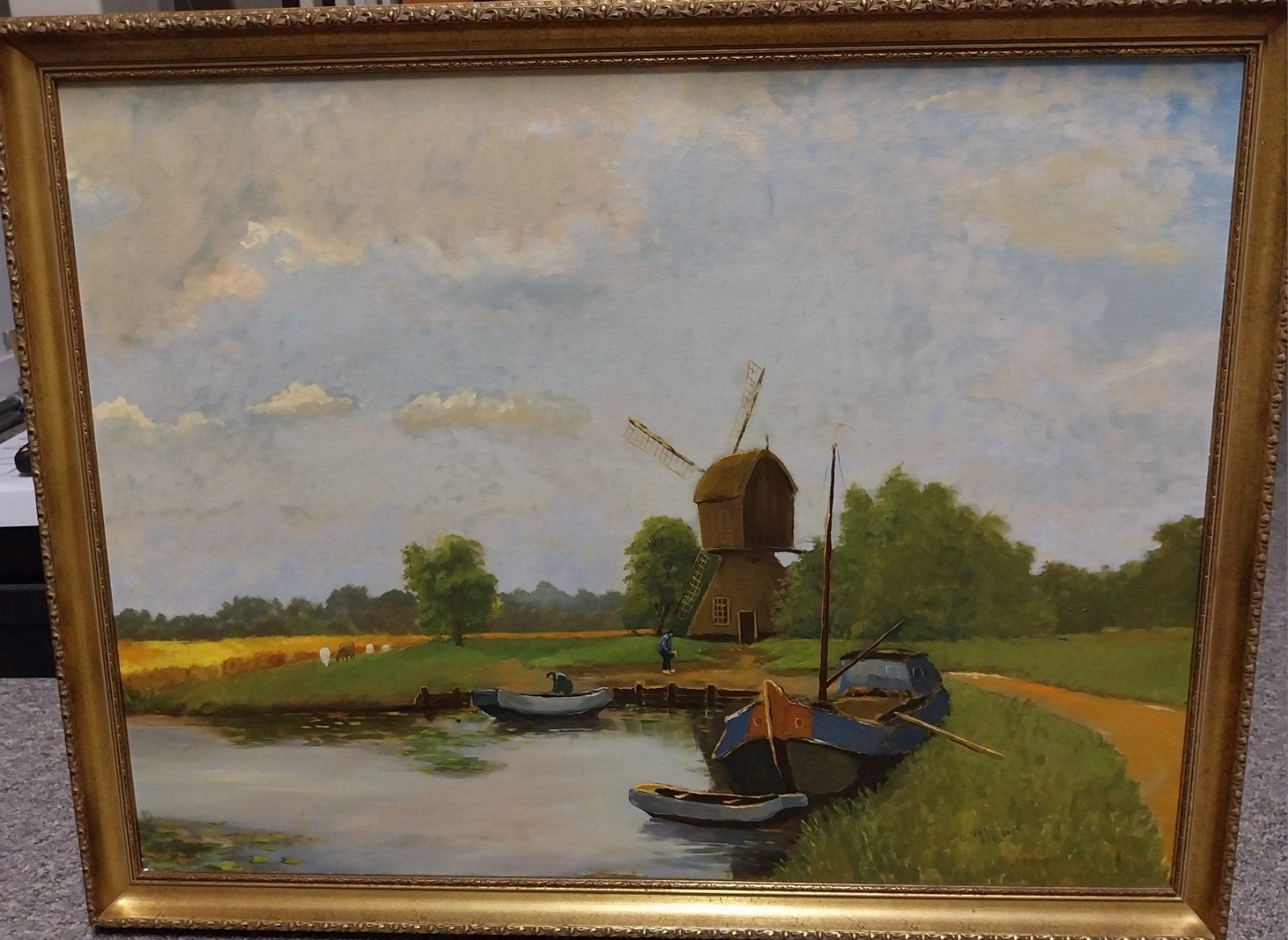 Schilderij Hollandse molen aan het water, 88x67 cm, Ophalen, Doek, Landschap, Olieverf