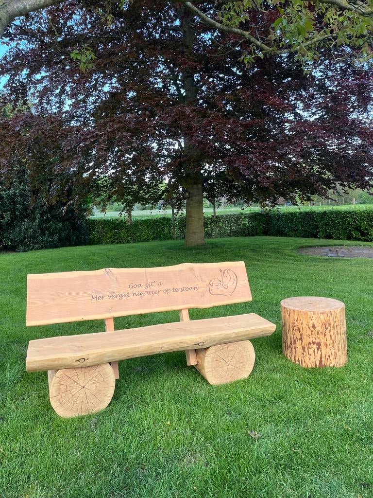 Houten tuinbank met inscriptie - Handgemaakt, Ophalen of Verzenden, Nieuw, Hout