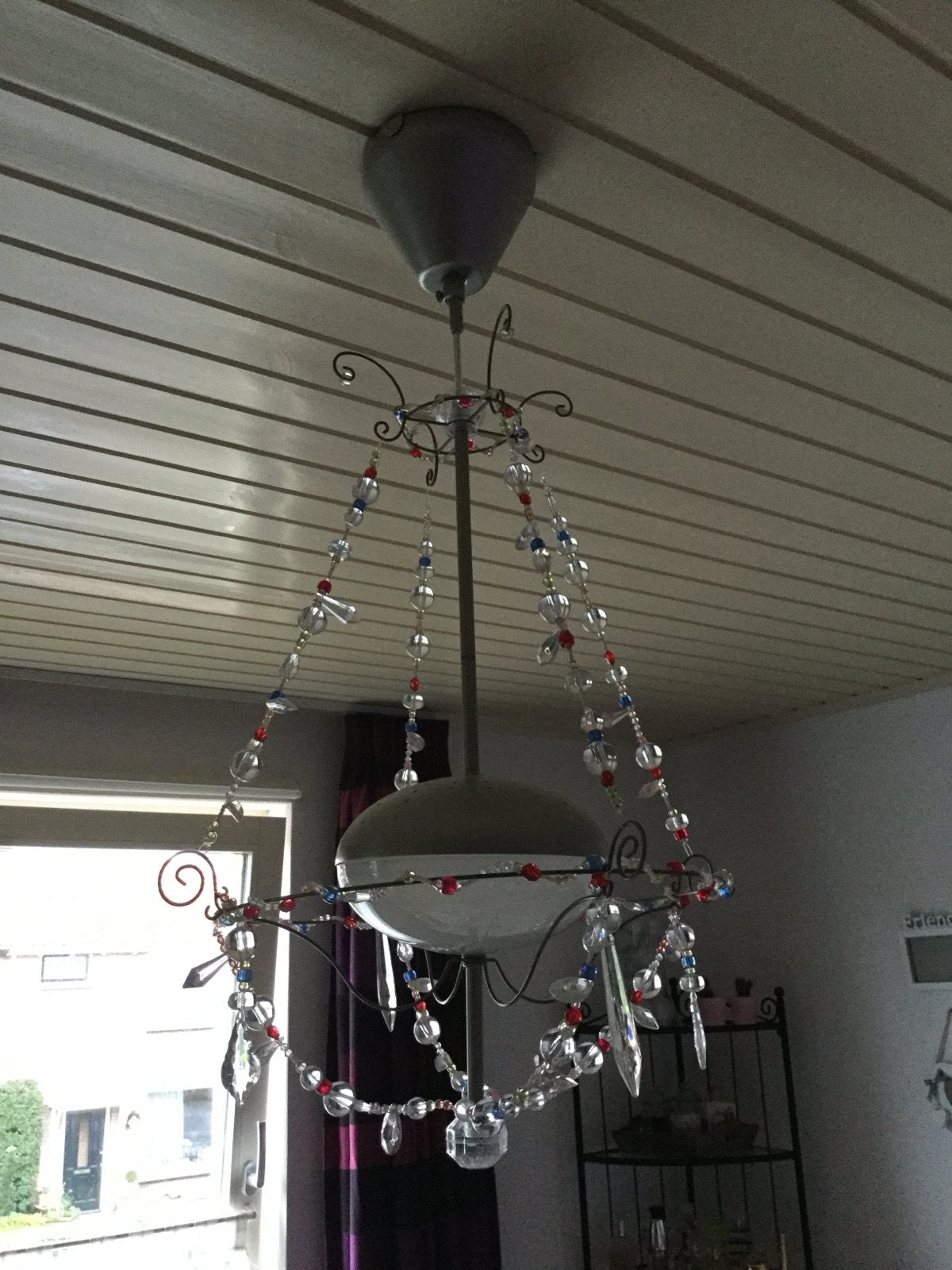 Decoratieve Hanglamp met Kralen en Kristallen, Huis en Inrichting, Ophalen of Verzenden, Gebruikt, Glas, E27 (groot)