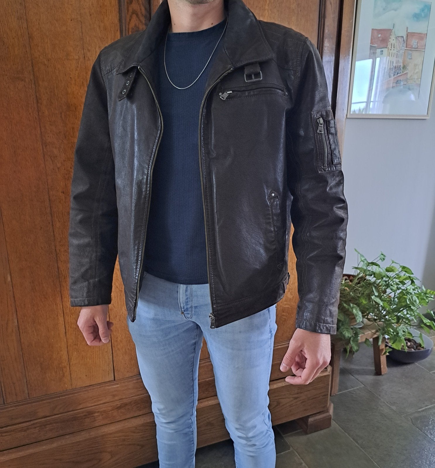 Prachtige leren Milestone jas jack zwijn leder maat 48 - 178, Kleding | Heren, Jassen | Winter, Ophalen, Bruin, Maat 48/50 (M)