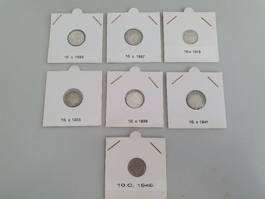 Munten 10 Cents 1889 1897 1918 1935 1939 1941 1948 (7 stuks), Verzenden, Koningin Wilhelmina, 10 cent, Zilver