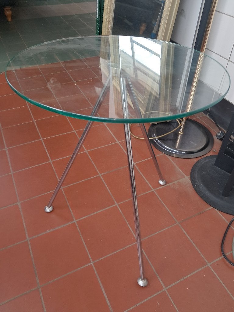 Ronde bijzettafel glas met chromen driepoot  CS27341, Minder dan 55 cm, Gebruikt, Rond, Glas
