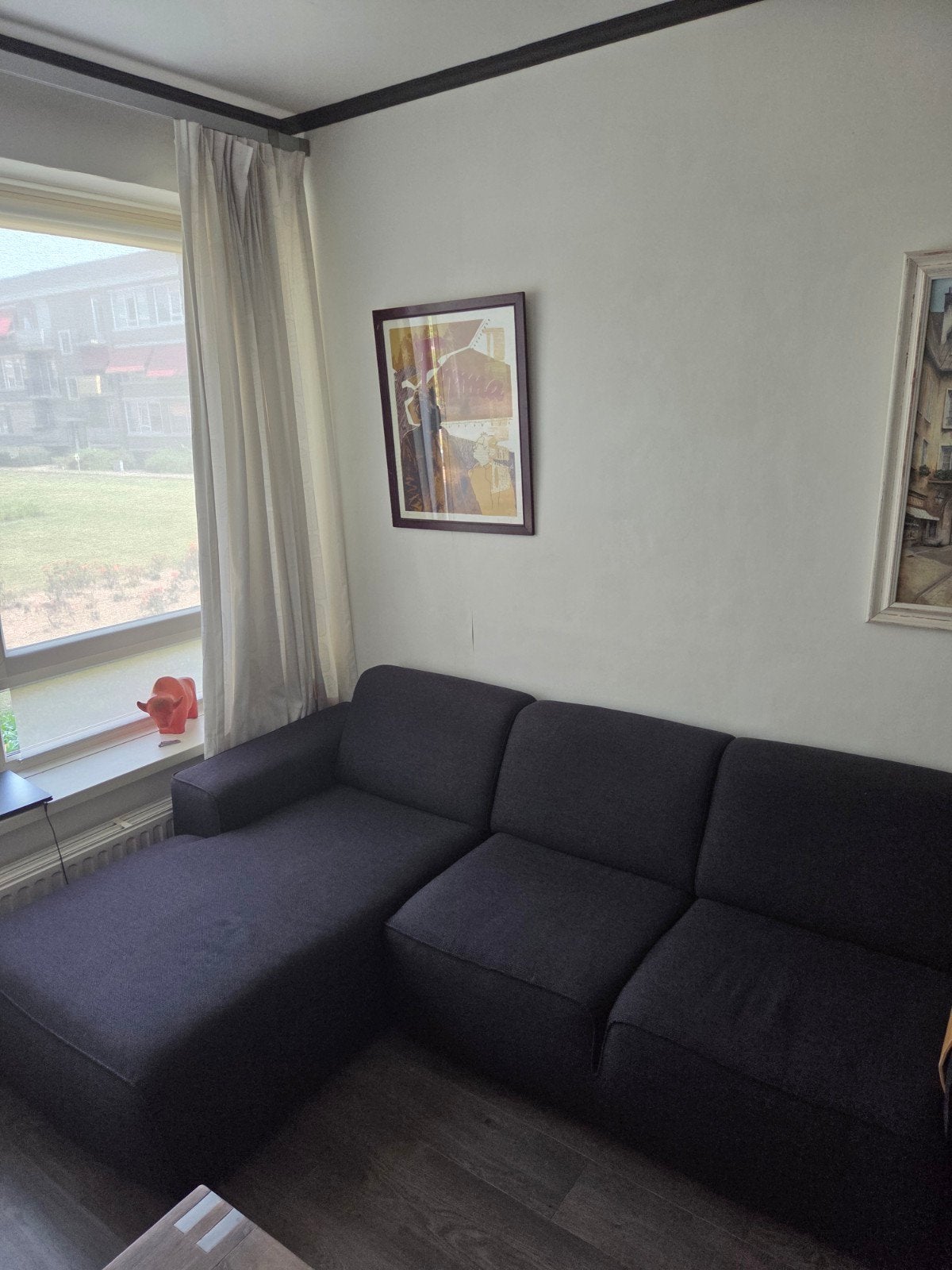 Comfortabele donkergrijze hoekbank met chaise longue, Ophalen, 250 tot 300 cm, Gebruikt, 100 tot 125 cm