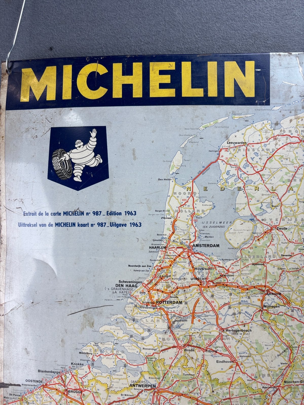 Michelin blikken landkaart Nederland Belgie Frankrijk 1963, Reclamebord, ., Ophalen of Verzenden, Zo goed als nieuw