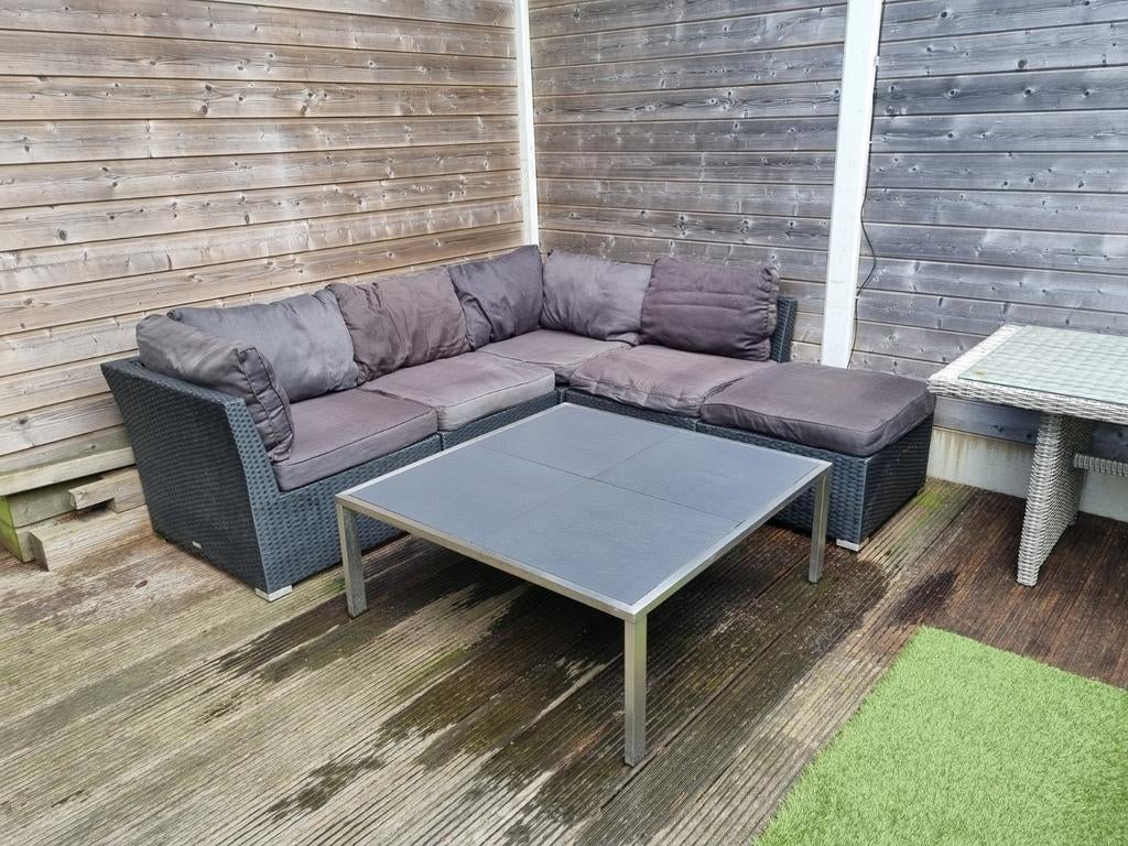 Loungeset compleet met kussens en opbergbox, Ophalen, 5 zitplaatsen, Kunststof, Gebruikt