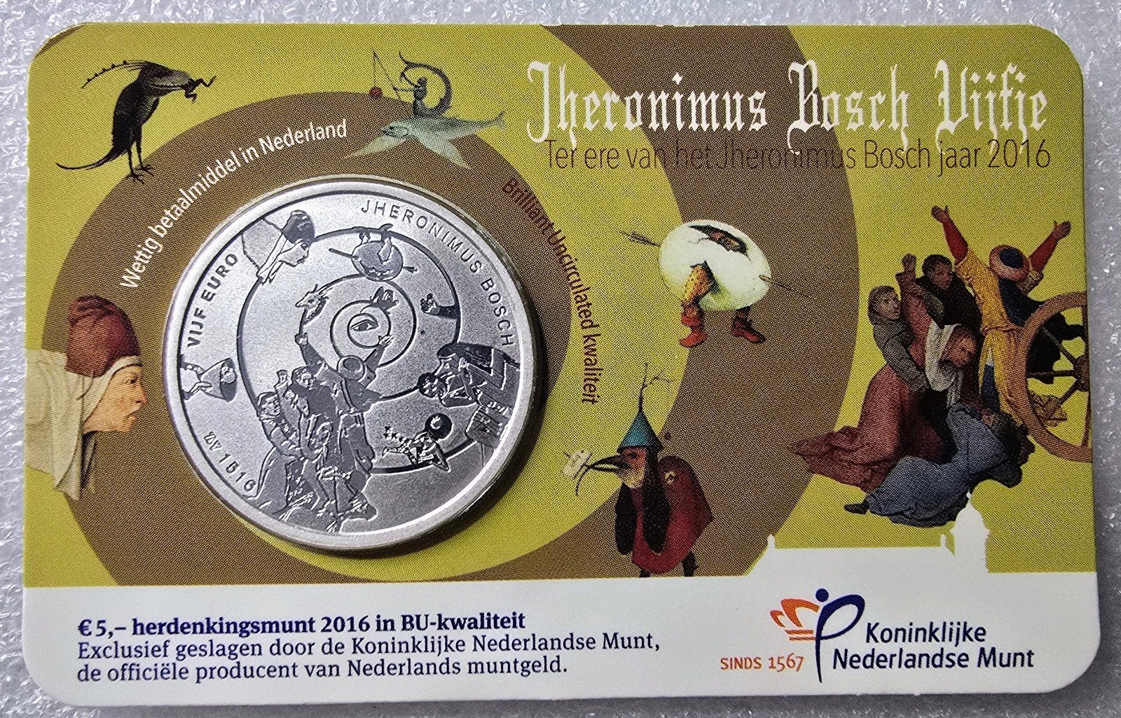 Jheronimus Bosch Vijfje 2016 - 5 euro munt BU KWALITEIT, Postzegels en Munten, Zilver, Overige landen, Ophalen of Verzenden, 5 euro