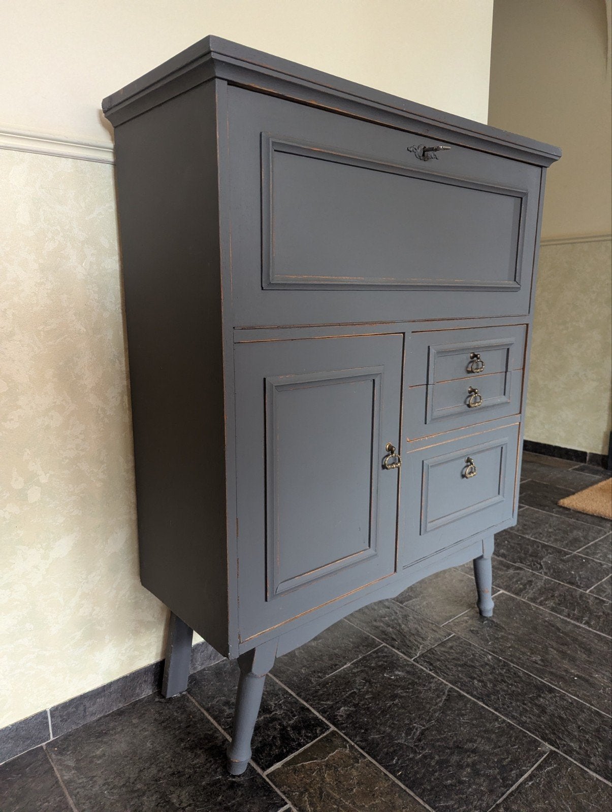 Vintage kastje / secretaire - Grijs met groen interieur, Ophalen