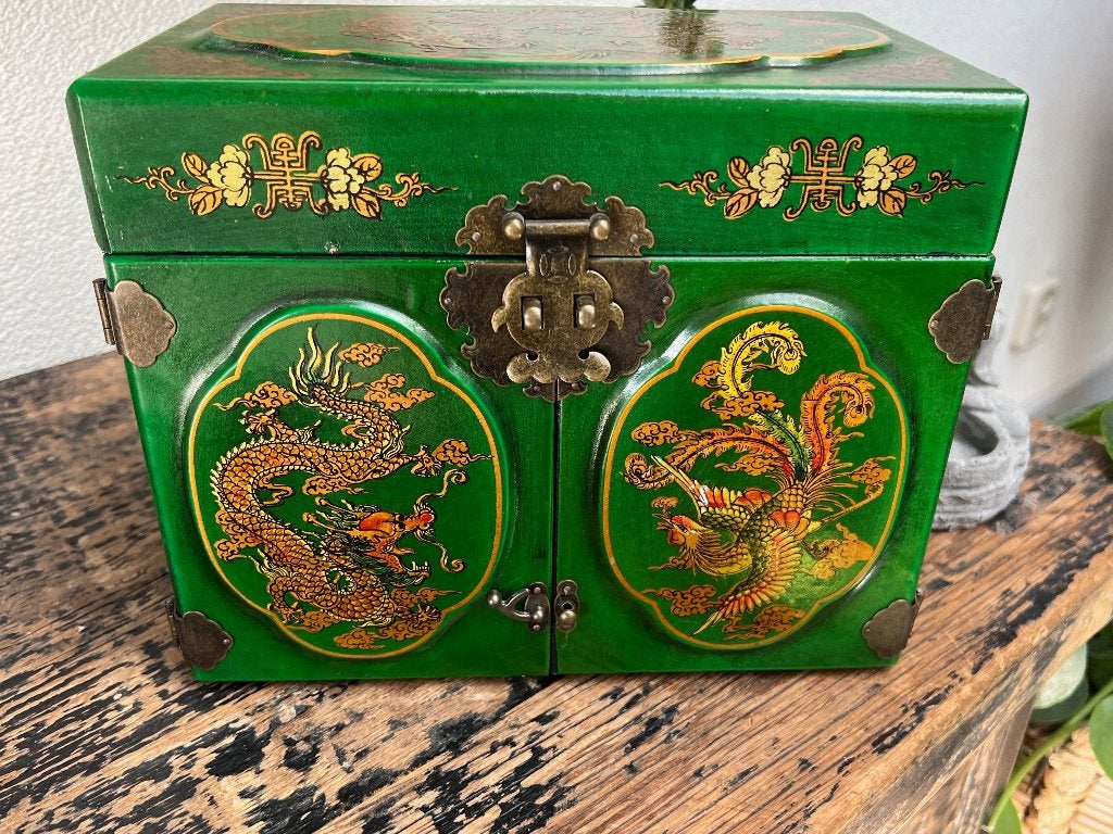 Chinese sieradenkist kist chinees draken nieuwstaat groen, 20 cm, Doos, Groen, Geschilderd