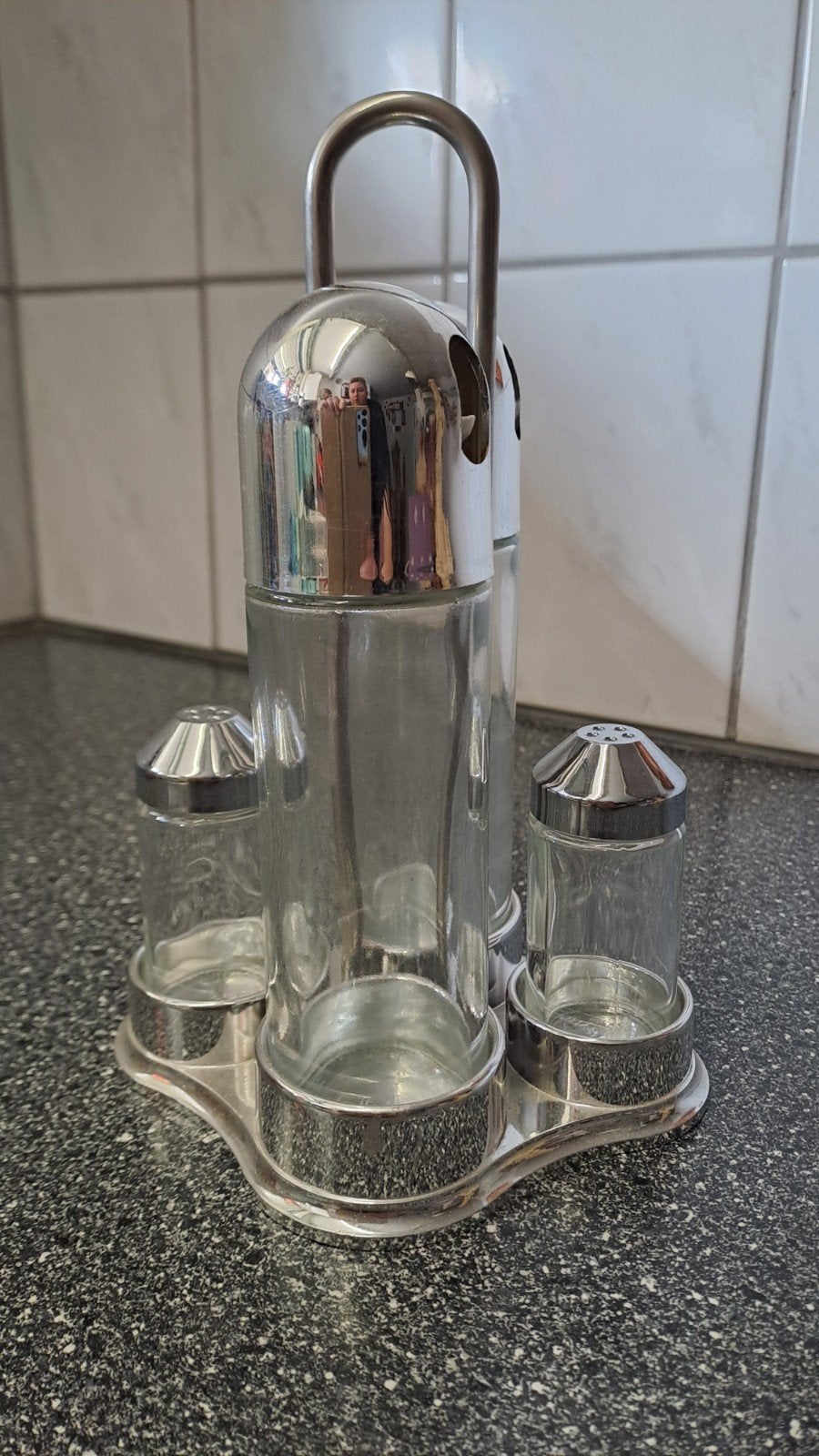 Stoha Design Olie en Azijnstel met Zout- en Pepervaatjes, Zilver, Ophalen of Verzenden, Onbekend, Made in Germany, Metaal