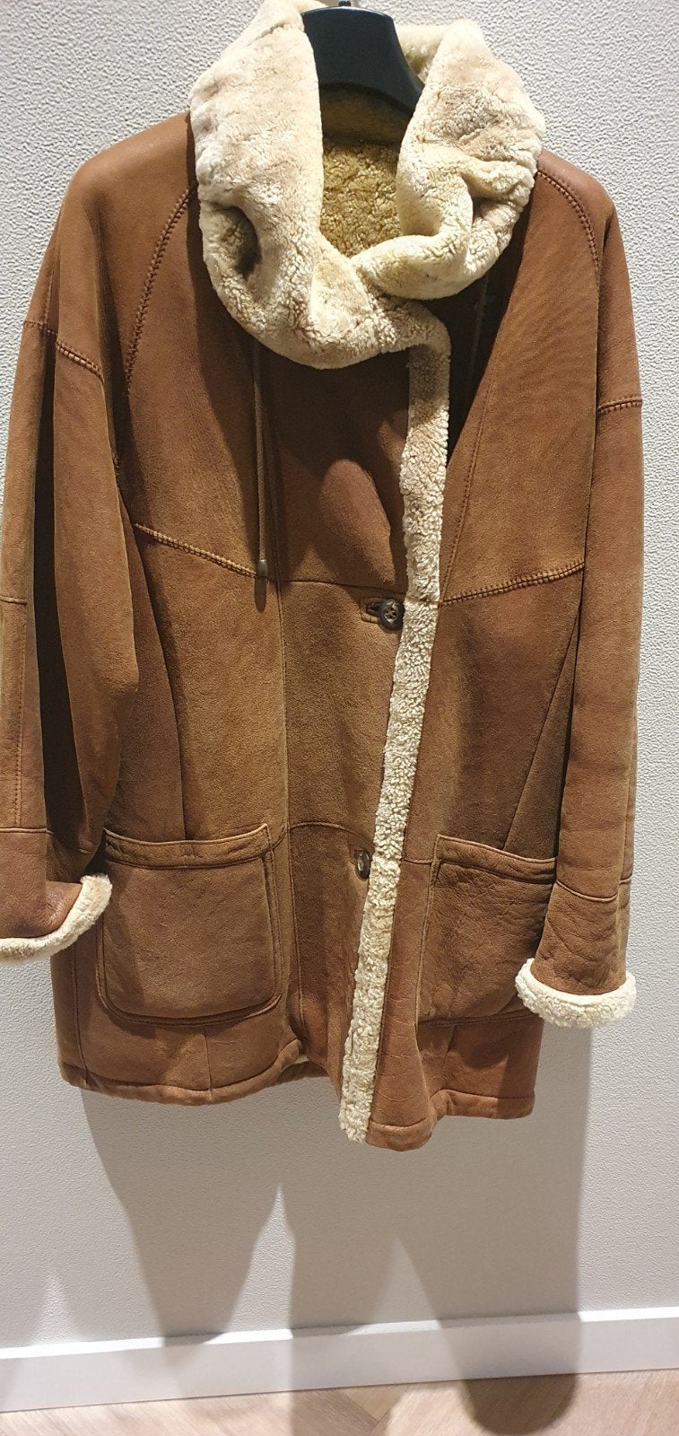 Vintage Suède Lammy-jas M met Schapenvachtkraag, Christ, Ophalen, Gedragen, Bruin