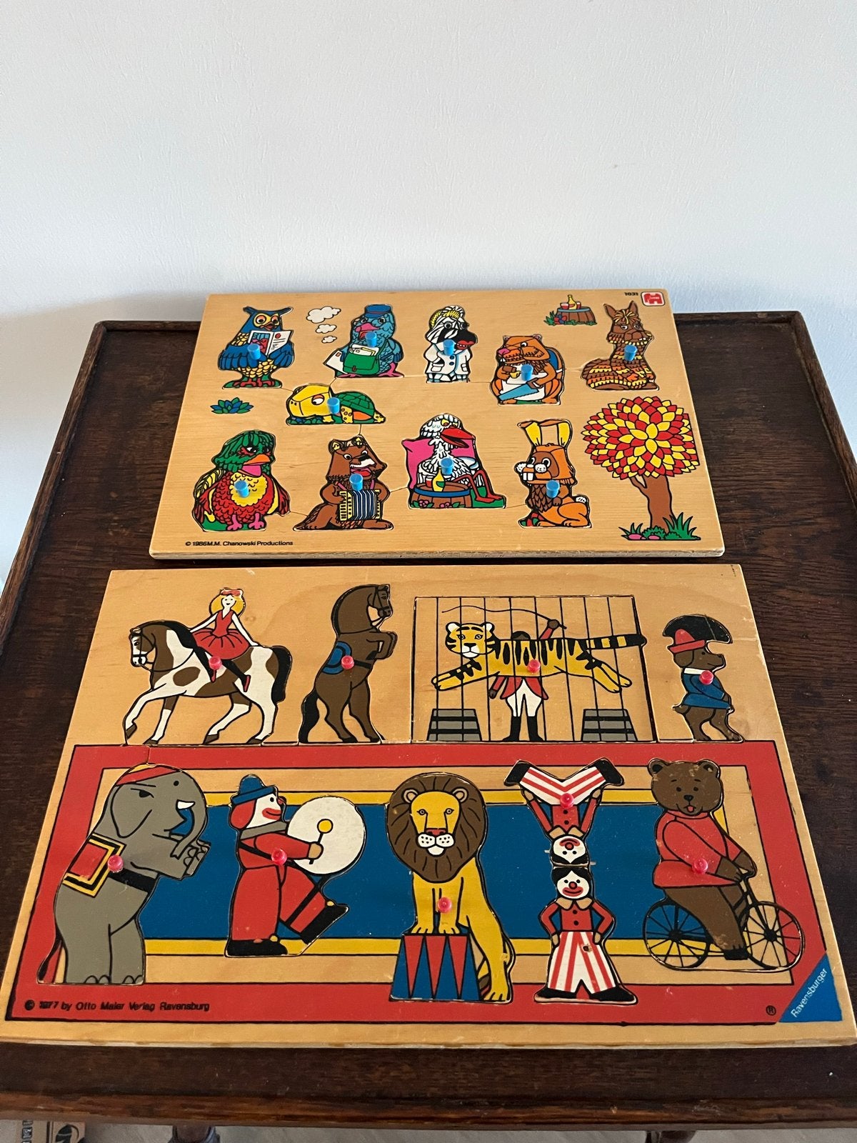 Vintage houten legpuzzels: Dieren en Circus (2 stuks), Ophalen, 2 tot 4 jaar, Gebruikt, 10 tot 50 stukjes