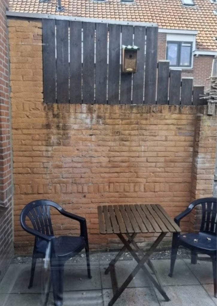 Bistro Rialto terras tafel met 2 stoelen - balkon/tuinset, Ophalen, Gebruikt, Rechthoekig, Hout
