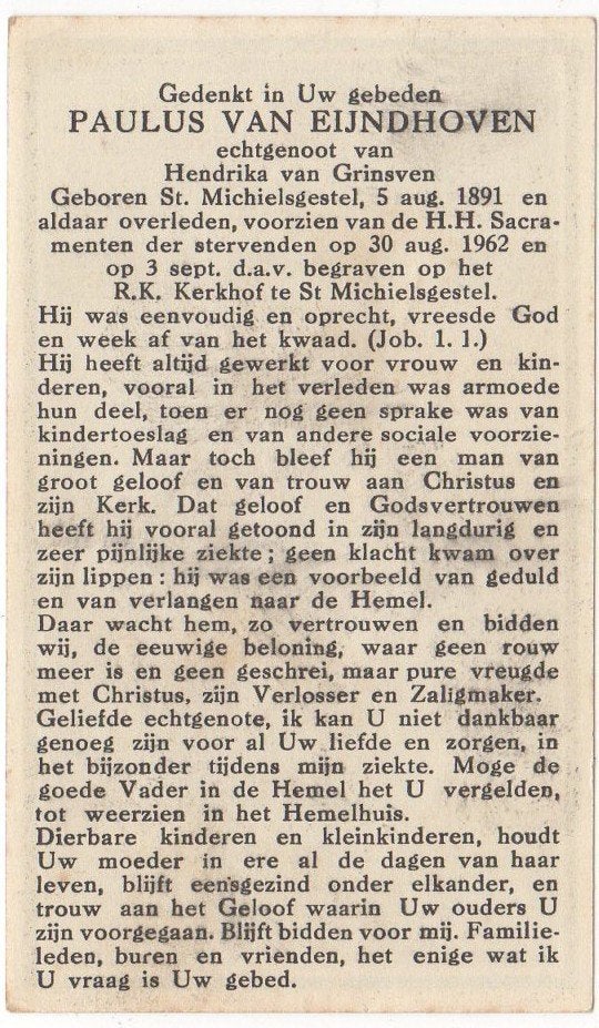 Paulus van Eijndhoven 1891 St.Michielsgestel + 1962, 71 jaar, Verzamelen, Bidprentjes en Rouwkaarten, Verzenden
