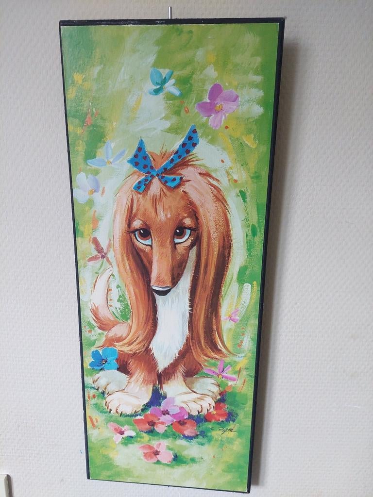 Afbeelding Teckel met vlinders en bloemen 20x50 cm, Ophalen of Verzenden
