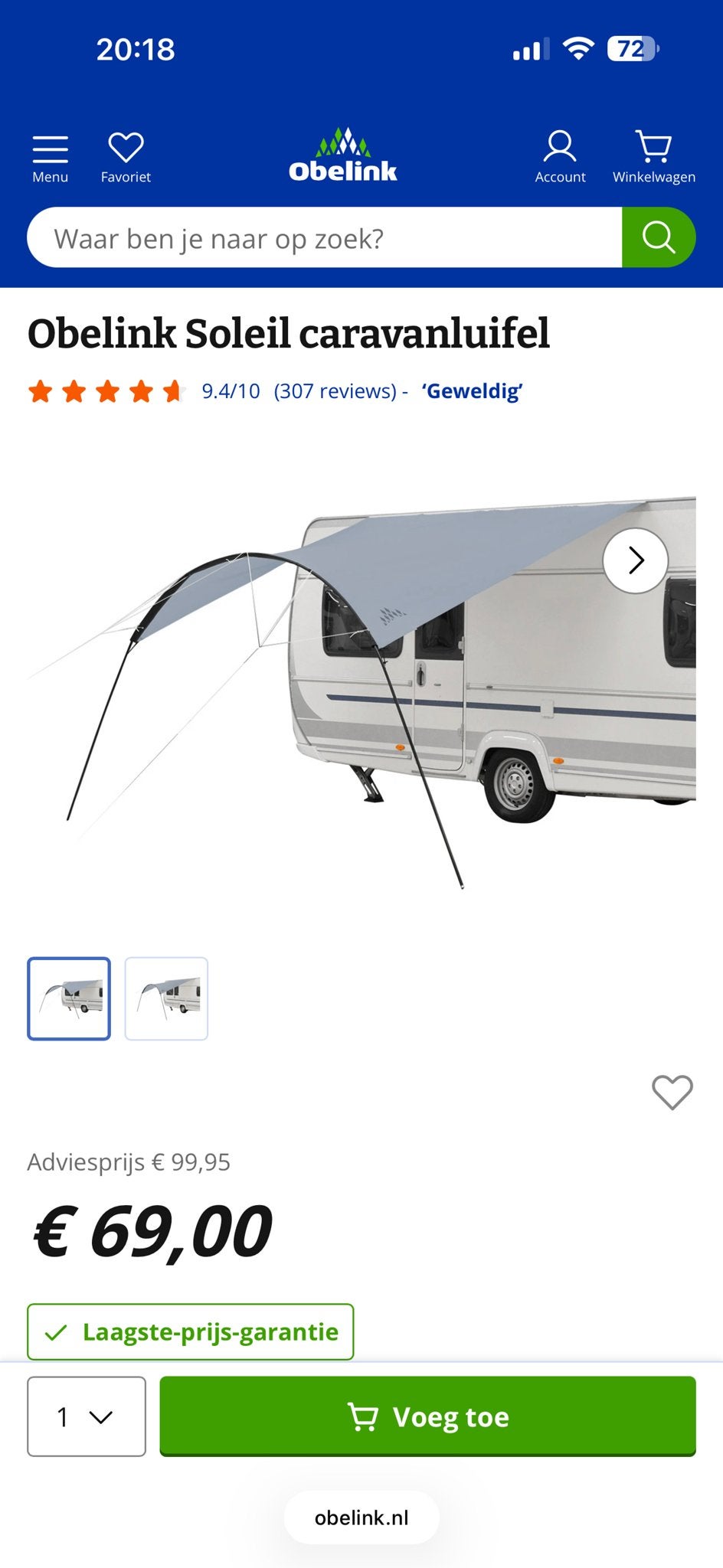 Obelink Soleil caravanluifel - Nieuwstaat, Ophalen, Zo goed als nieuw