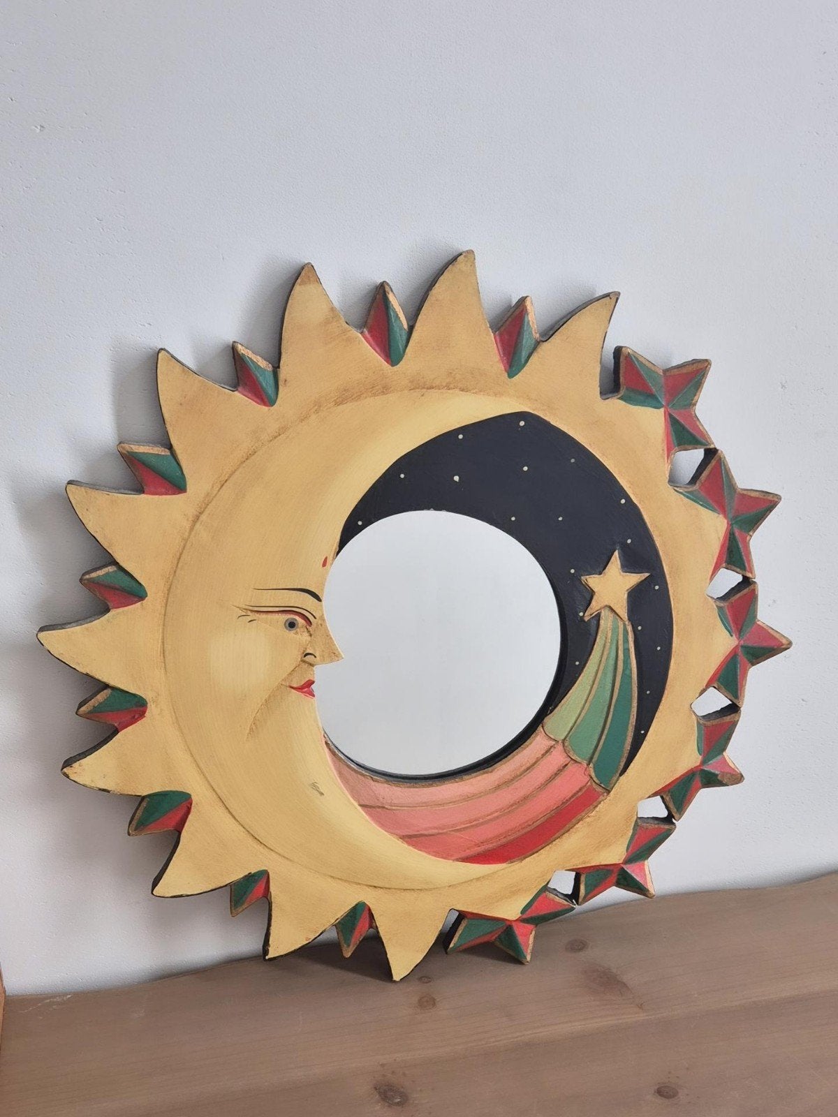 Vintage handgeschilderde zon- en maanspiegel, Minder dan 50 cm, Gebruikt, Rond, Ophalen of Verzenden