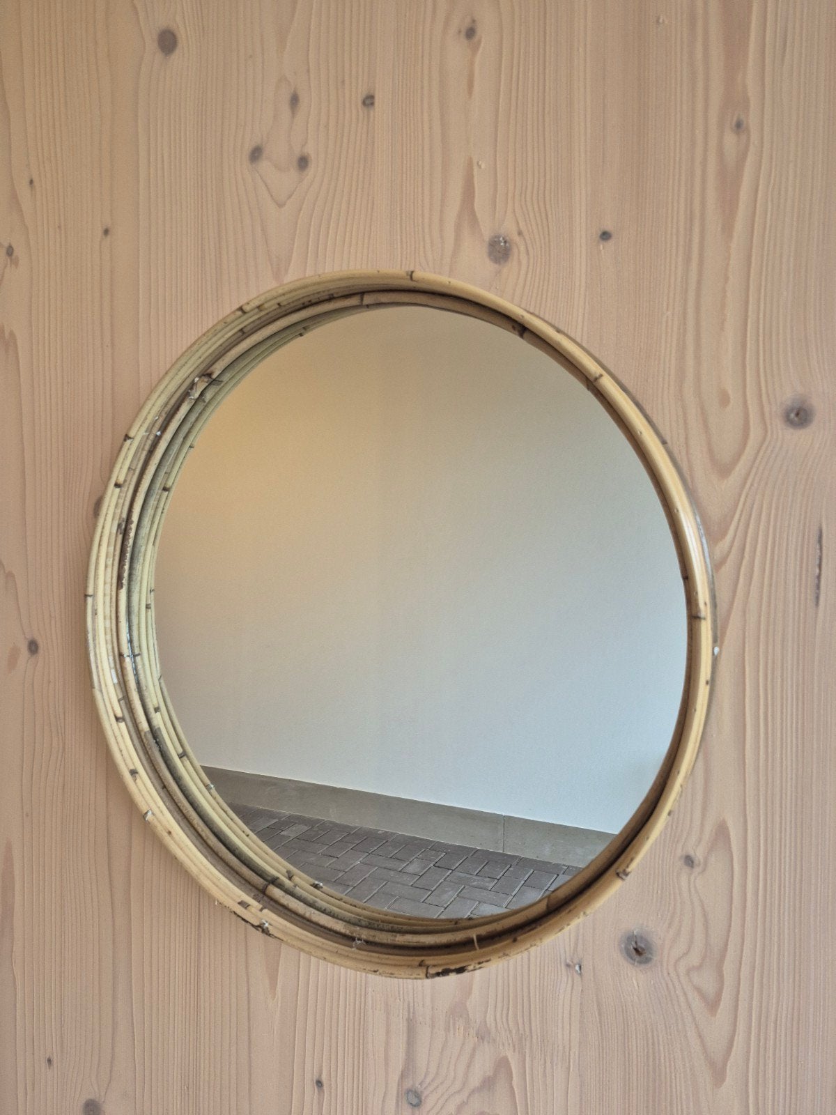 Ronde bamboe spiegel - 50cm, Gebruikt, Rond, Ophalen of Verzenden, Minder dan 100 cm