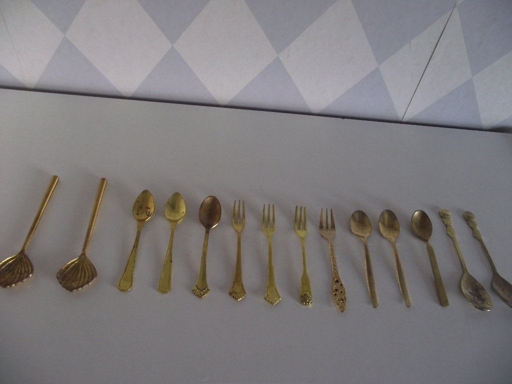 14 vintage goudkleurig verguld bestek lepel vork roerstok ps, Ophalen of Verzenden