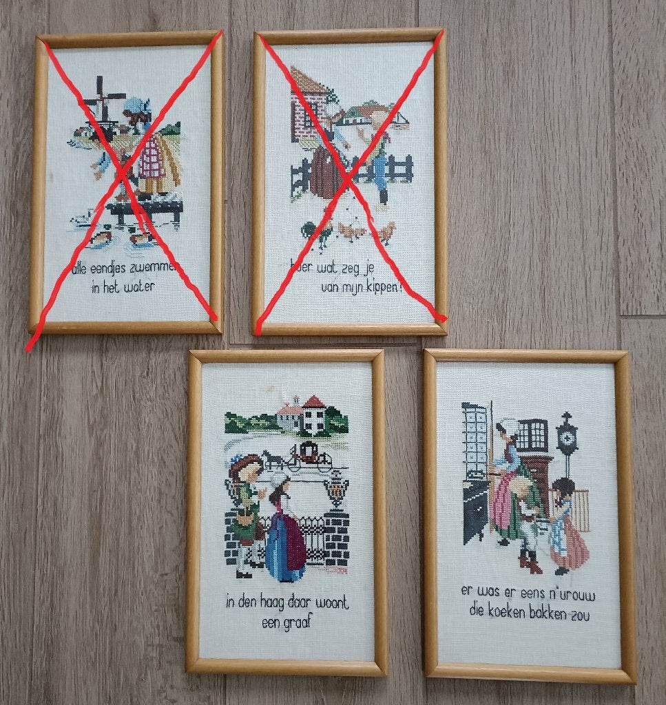 BIJNA GRATIS! Vintage geborduurd schilderij met spreuk 32x20, Gebruikt, 20 cm, 32 cm, Textiel