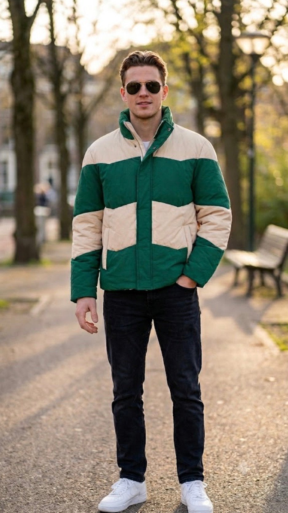 Chevron Striped Puffer Jacket - Ecru/Groen, Kleding | Heren, Jassen | Winter, Ophalen, Groen