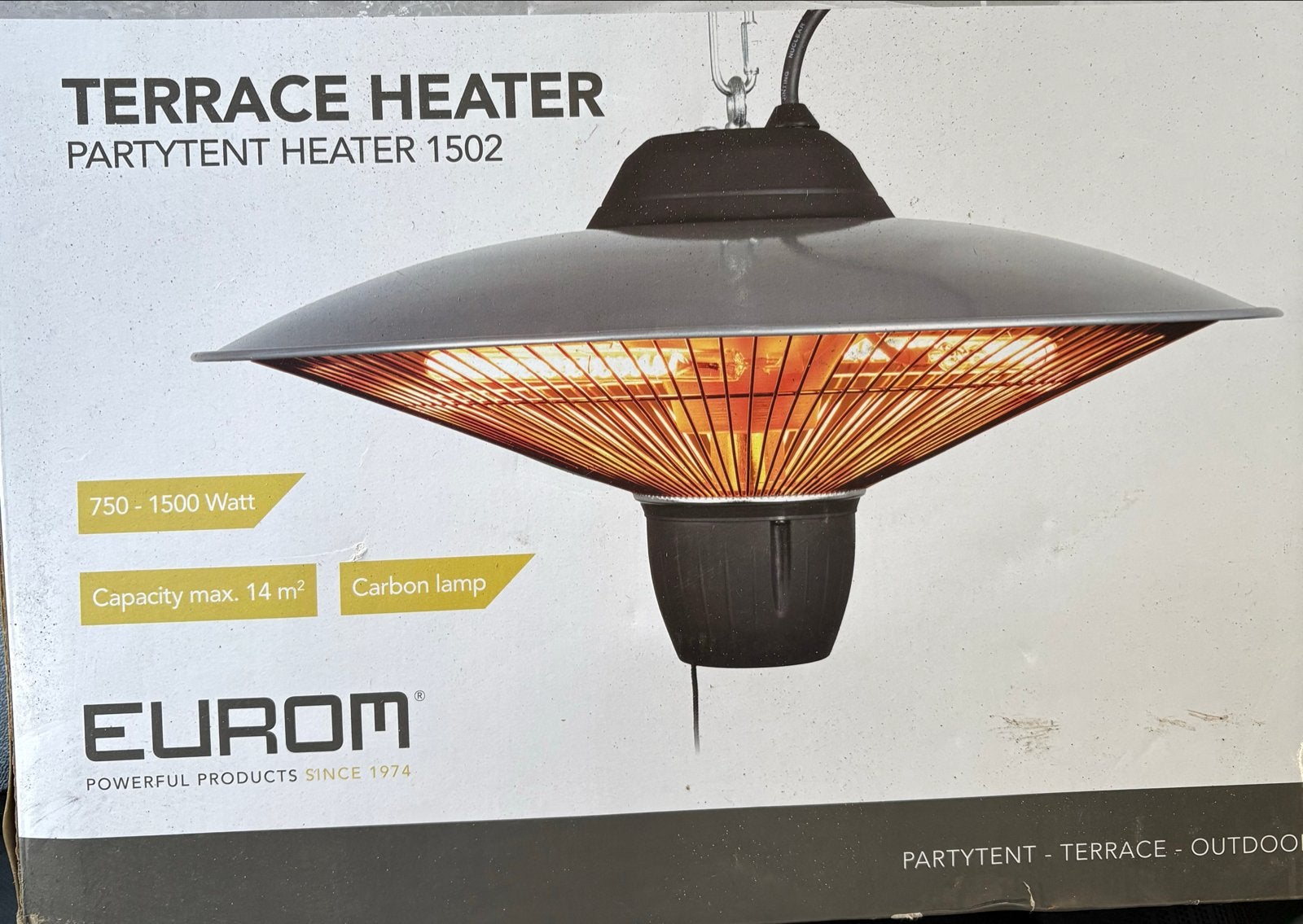 Eurom Partytent Heater 1502 - Terrasverwarmer 750-1500W, Tuin en Terras, Ophalen, Zo goed als nieuw, Elektrisch, Plafond