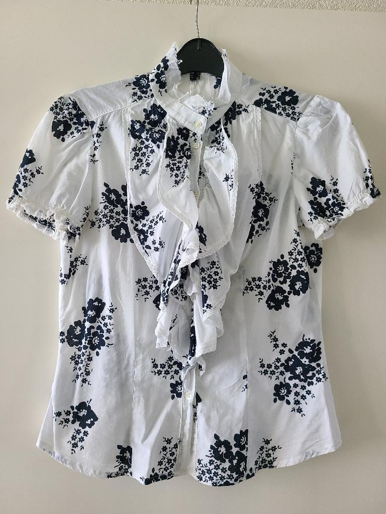 Bandolera blouse, wit/blauw, maat 36, Wit, Ophalen of Verzenden, Zo goed als nieuw, Maat 36 (S)