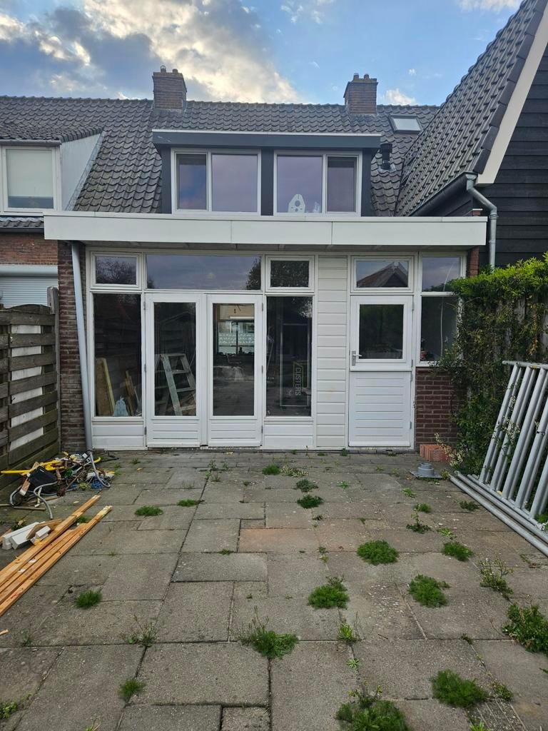 Glazen pui met dubbele deuren en zijlichten, Gevelraam of Ruit, Gebruikt, Dubbelglas, 160 cm of meer