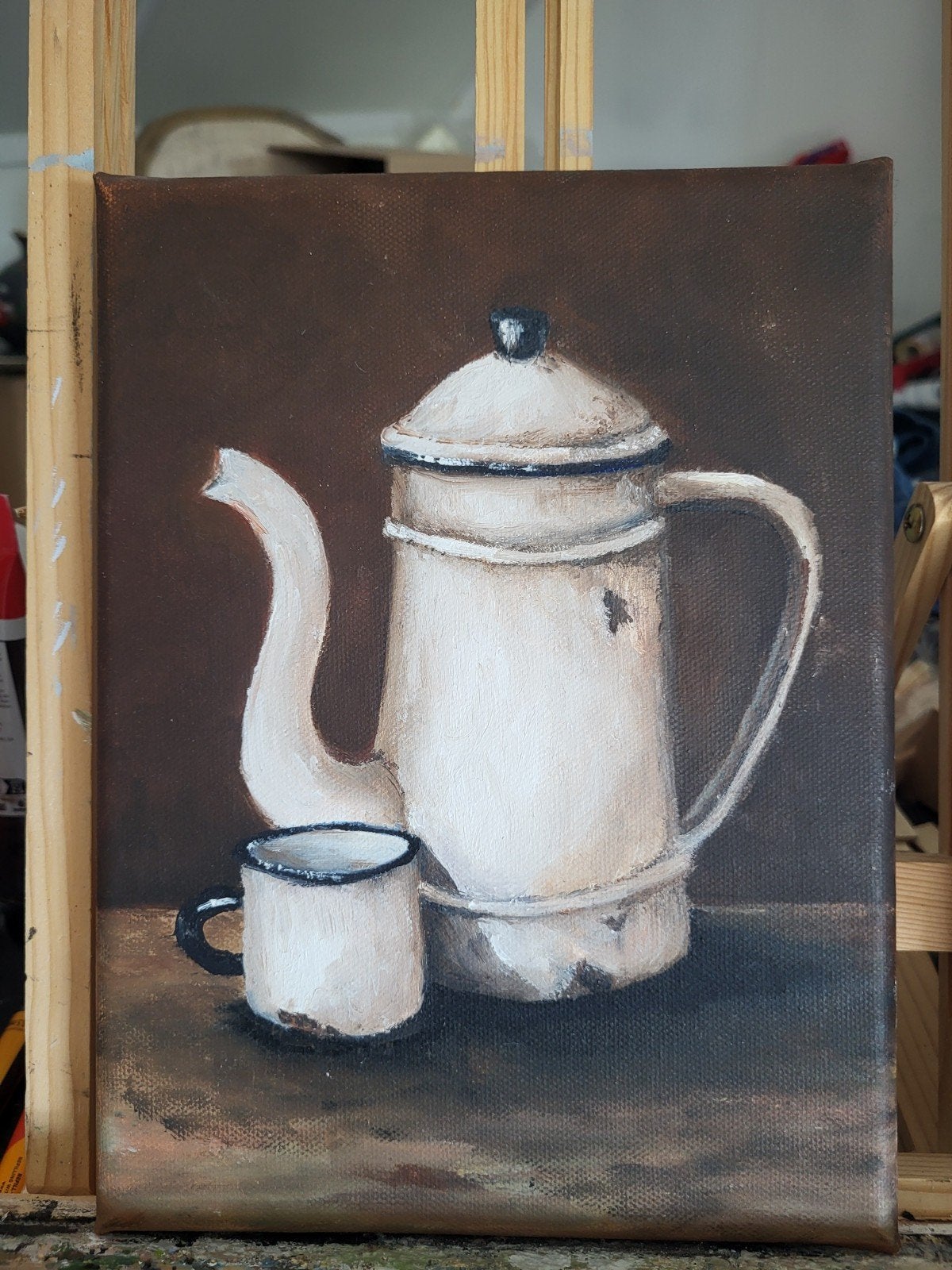 schilderijtje emaille kan met beker, Ophalen of Verzenden, Nieuw, Minder dan 50 cm, Schilderij