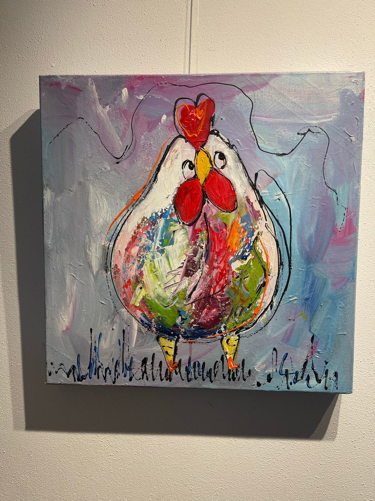 Vrolijke kleurige kip. Schilderij (50-50) door  kunstenares., Ophalen, Acrylverf, Handgeschilderd, Dieren