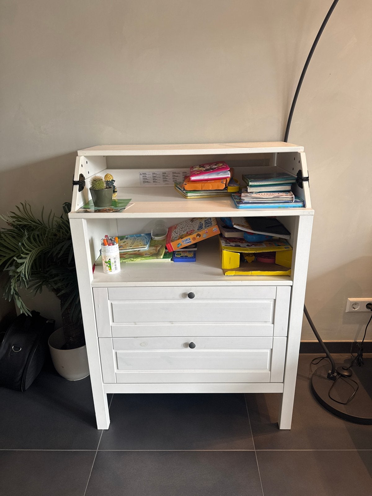 Witte commode/kast met lades en opklapbaar blad, Ophalen, Gebruikt, 50 tot 70 cm, 75 tot 100 cm